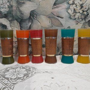 Set of Six Vintage Mahogany Tiki Colored Drinking Glasses